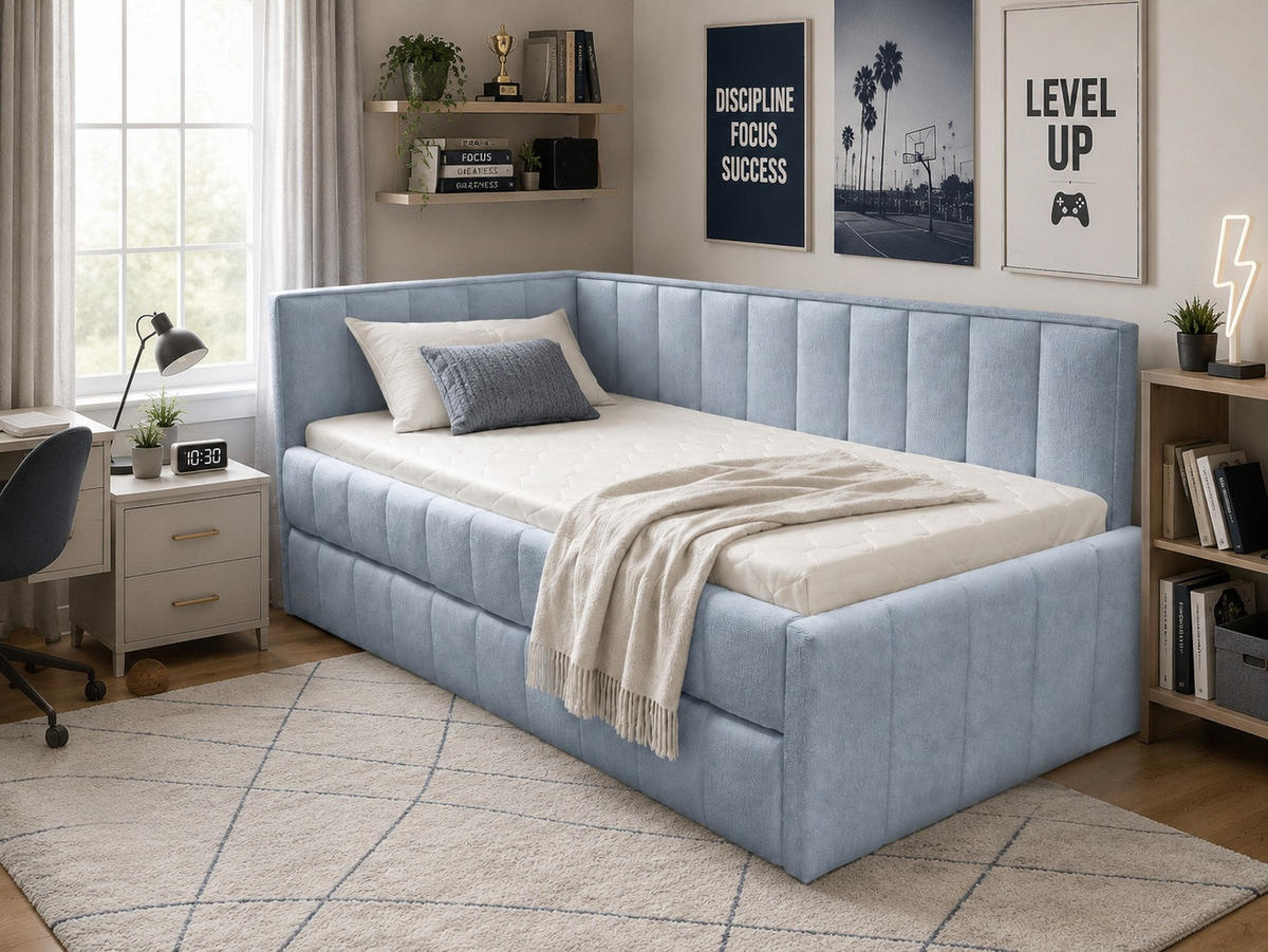 POLSTER-KINDERBETT LUKA 90x200 cm, links, mit Ausziehbett – Hellblau - Hellblau, Textil
