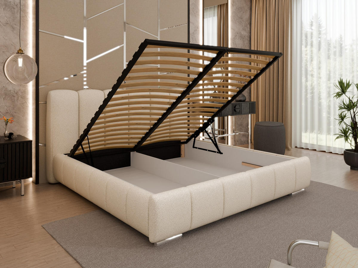 POLSTERBETT ZAIRA 180 x 200 cm mit Bettkasten und Lattenrost, 7-Zonen-Taschenfederkernmatratze CIRA (24 cm) – Beige - Beige, Holz (180/206cm) - Panda Möbel