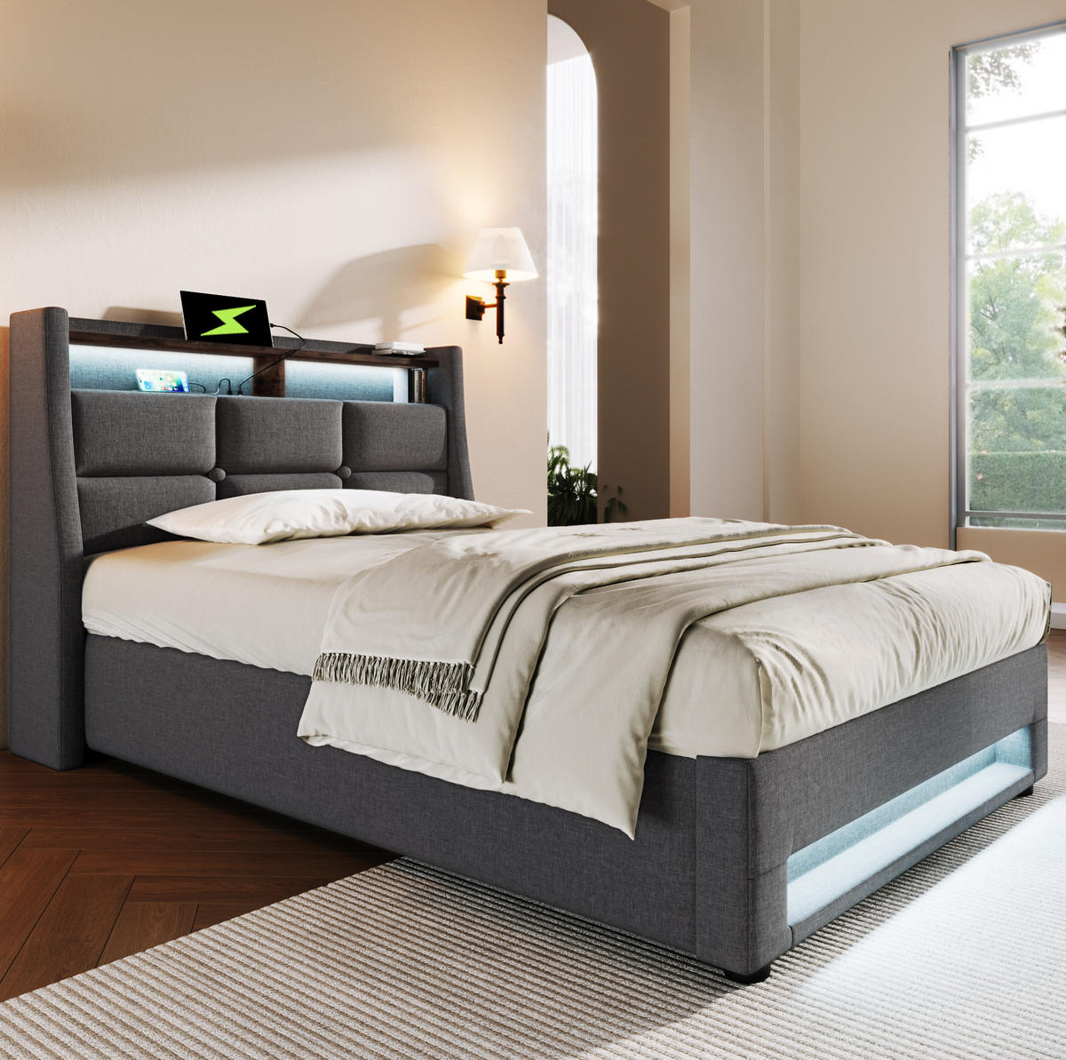 POLSTERBETT 90/200 cm grau mit USB-Anschluss und LED-Beleuchtung - Grau, Textil (90/200cm) - OKWISH