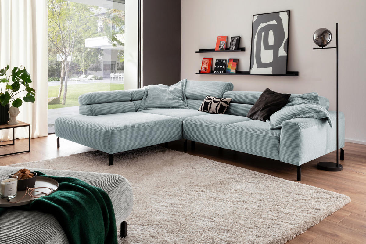 ECKSOFA MIT MOTORISCHEM SITZVORZUG DELIA Hellblau Cord - Schwarz/Hellblau, Textil/Metall (312/219cm) - KAWOLA