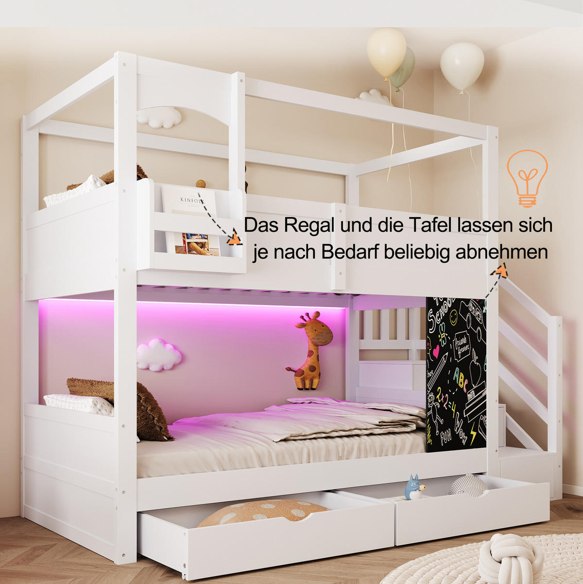 ETAGENBETT 90x200 cm in Weiß mit Stauraumtreppe, Schubladen und Tafel - Weiß, Holz (90/200cm) - IVMEU