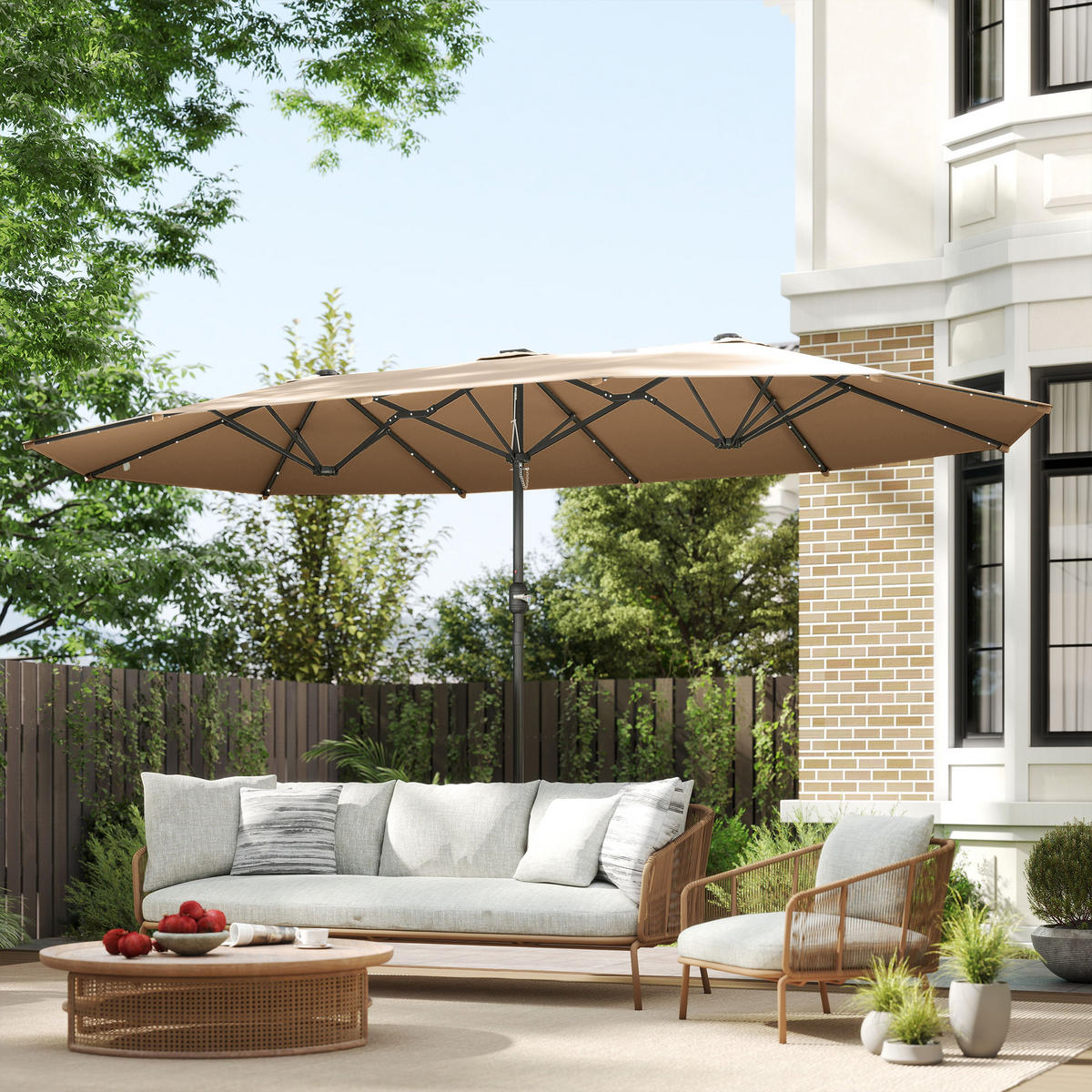 SONNENSCHIRM mit LED Doppelsonnenschirm 443 x 260 cm Gartenschirm Oval Khaki - Braun, Kunststoff/Metall (443/260cm) - Outsunny