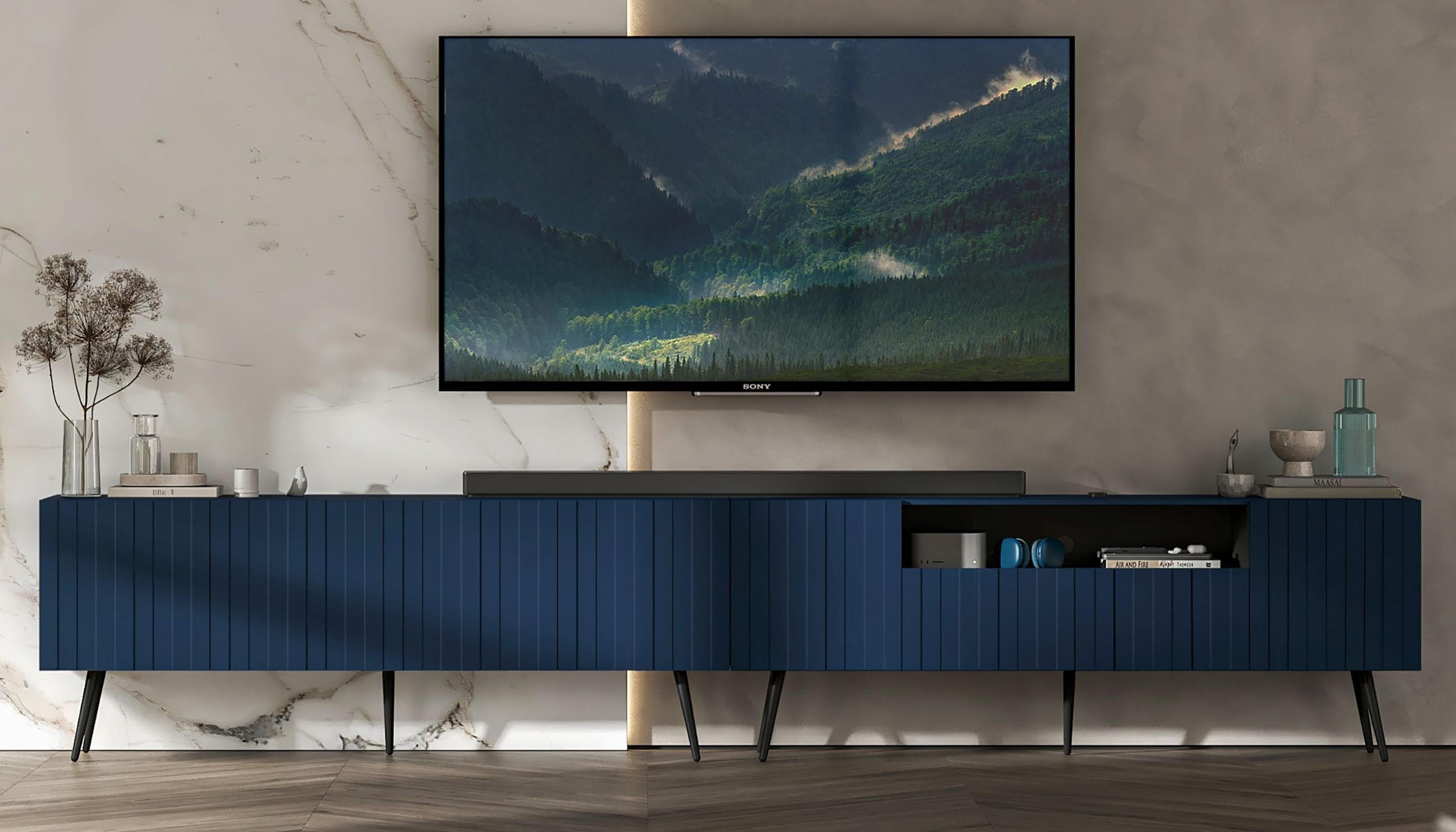 TV-LOWBOARD 2er-Set Elpis2 Marineblau mit schwarzen Metallbeinen150 cm - Blau/Schwarz, Holzwerkstoff (300/60.5/36.5cm) - Meble Lindner