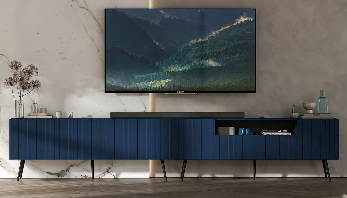 TV-LOWBOARD 2er-Set Elpis2 Marineblau mit schwarzen Metallbeinen150 cm - Blau/Schwarz, Holzwerkstoff (300/60.5/36.5cm) - Meble Lindner
