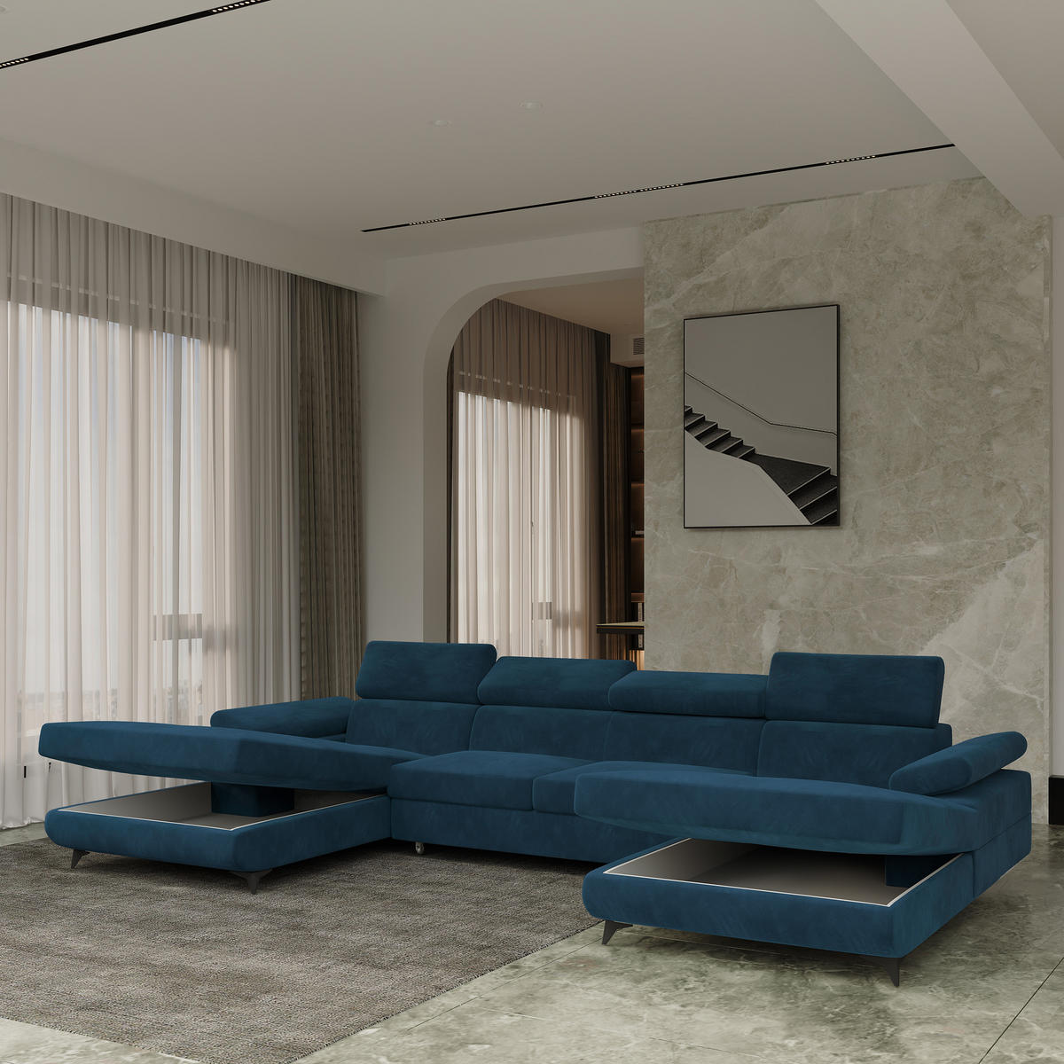 WOHNLANDSCHAFT DETTI Blau Velours-Stoff mit Schlaffunktion - Blau, Holz (339/89/190cm) - MASSENO