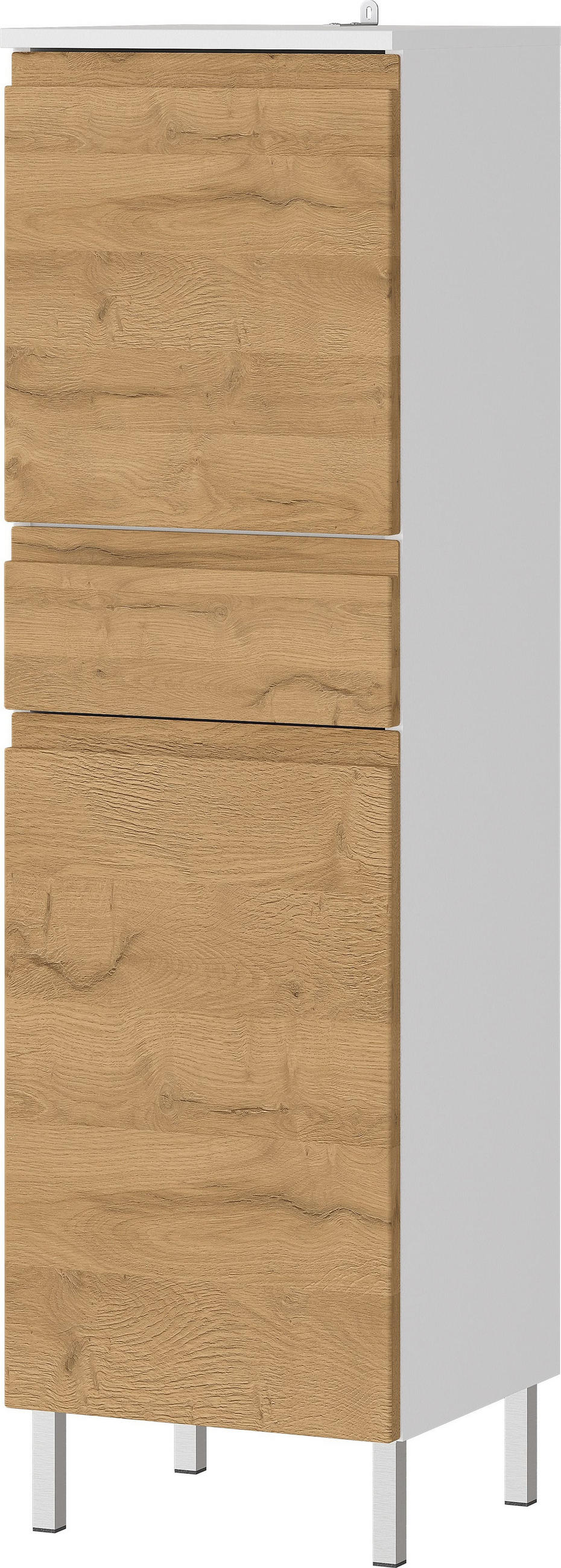HOCHSCHRANK Weiß und Eiche Grandson 34x120x34cm mit verstellbaren Einlegeböden, griffloser Front und Chromfüßen VEER - Weiß, Holz/Metall (34/120/34cm) - KADIMA DESIGN