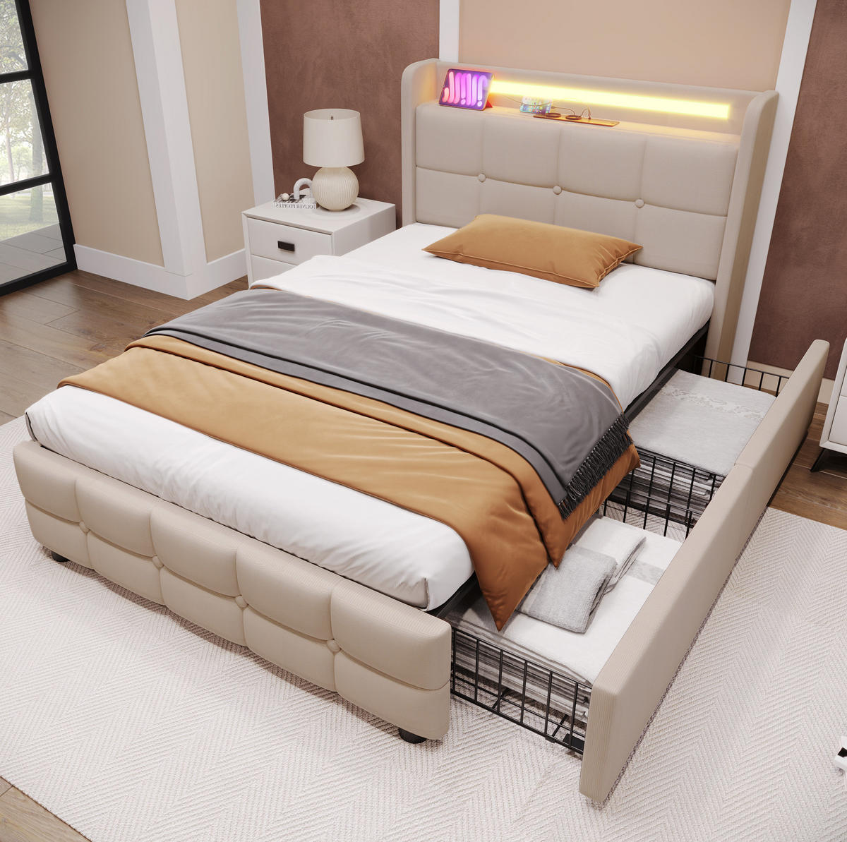 POLSTERBETT 90/200 cm mit LED-Beleuchtung, USB und 2 Schubladen in Beige - Beige, Holz (90/200cm) - BEAOK