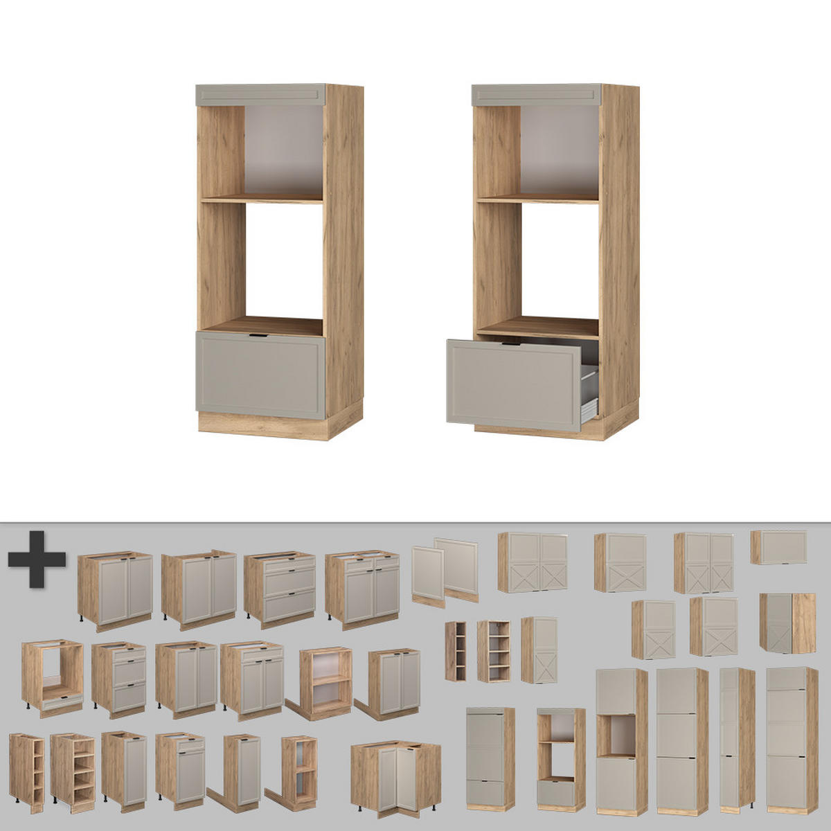 MIKROWELLENSCHRANK Fame-Line GrauBeige 60 cm offen - Honigeiche/Eiche Wotan, Holzwerkstoff (60/153.6/58.1cm) - Vicco