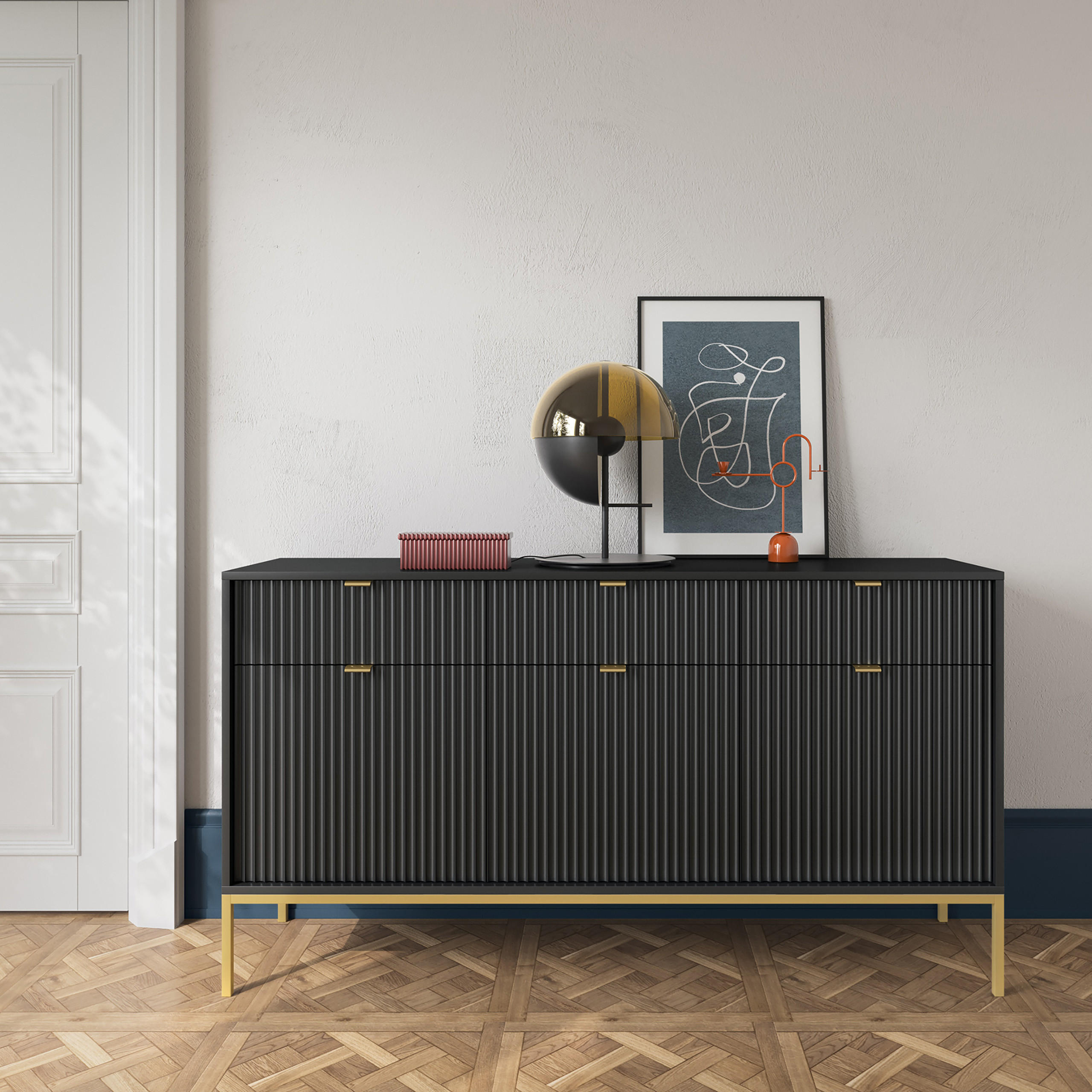 SIDEBOARD STELLARE 154/83/39 cm mit 3 Schubladen 3 Türen Schwarz - Goldfarben/Schwarz, Holzwerkstoff (154/83/39cm) - MASSENO