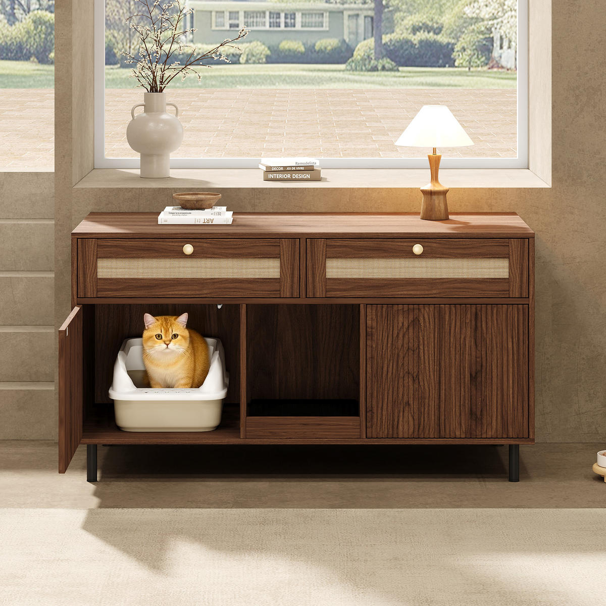 SIDEBOARD Nussbaumfarben 120×50×65 cm, multifunktionaler Katzentoilettenschrank mit Rattan-Details - Nussbaumfarben, Holzwerkstoff (120/65/50cm) - Luhomfu