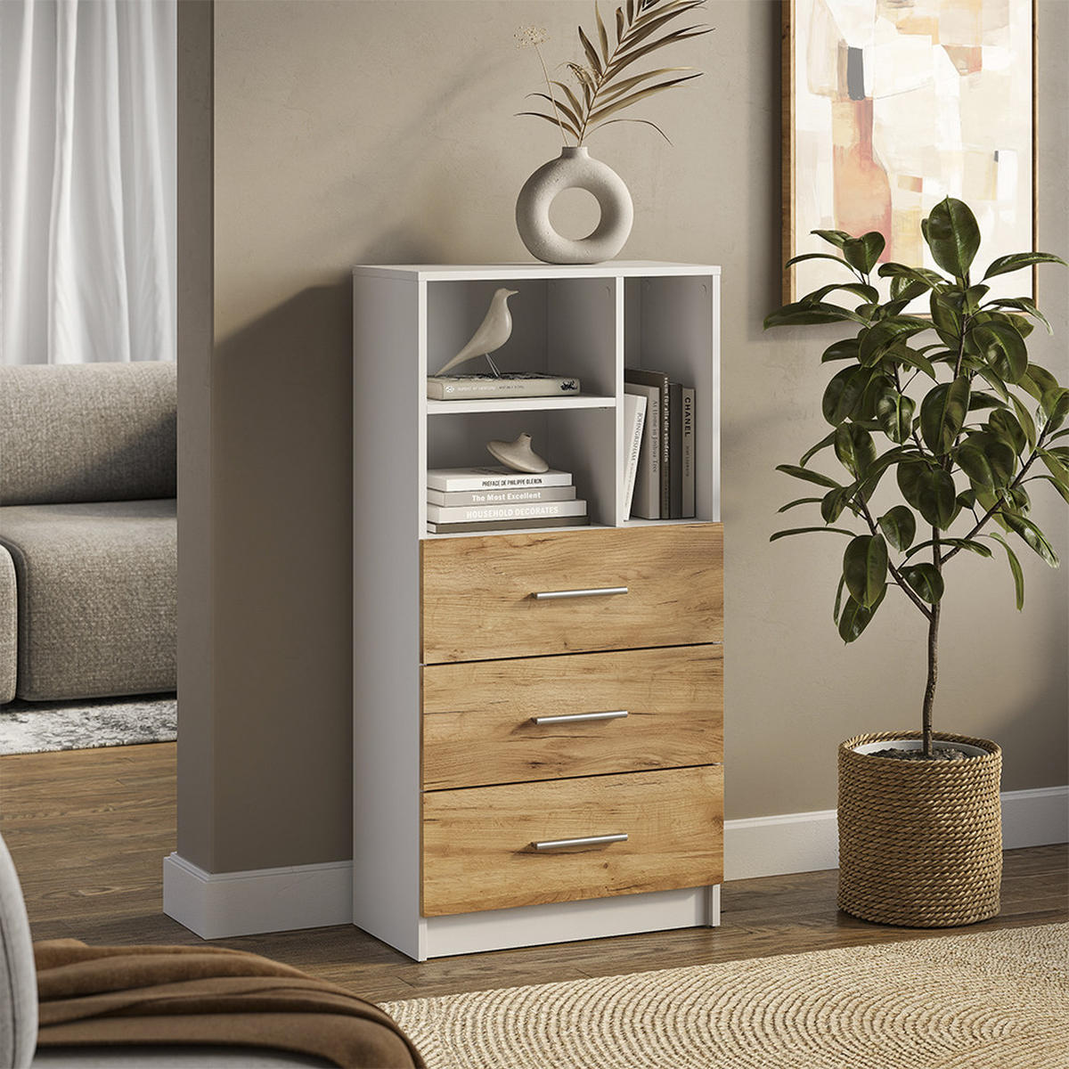 UNIVERSALSCHRANK Tomy, Weiß/Goldkraft Eiche, 60 x 120 cm mit 3 Schubladen - Honigeiche/Weiß, Holzwerkstoff (60/120/31.6cm) - Vicco