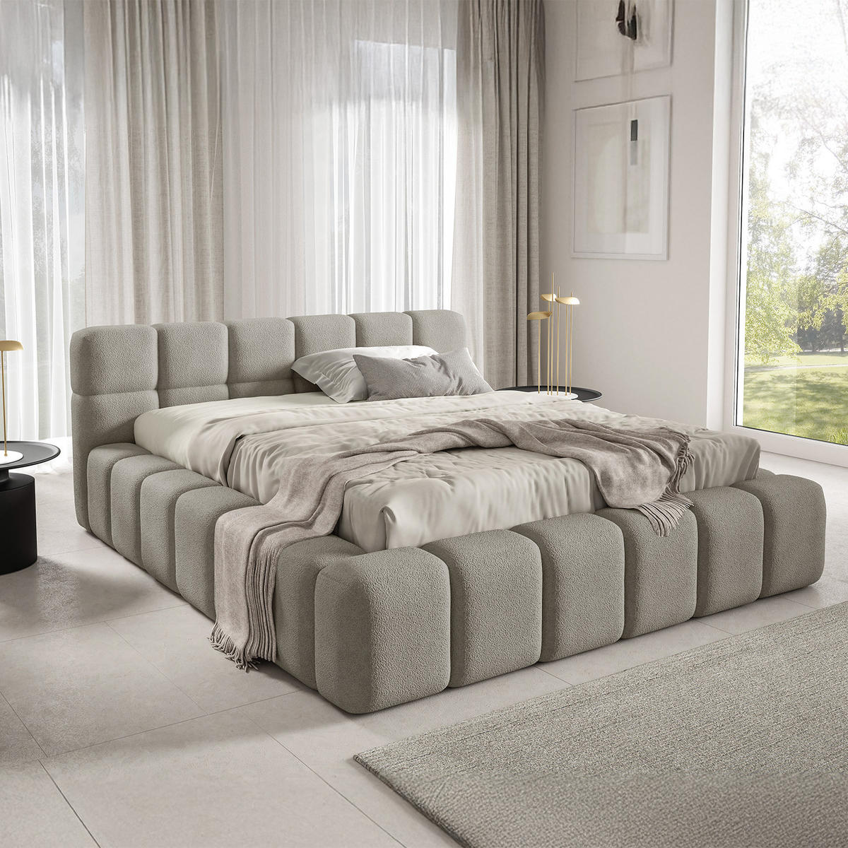 POLSTERBETT NUBO PREMIUM 180x200 cm mit Bettkasten – Stoff QUELLE 05 - Beige/Grau, Holz (180/200cm) - Dekori_Interiors