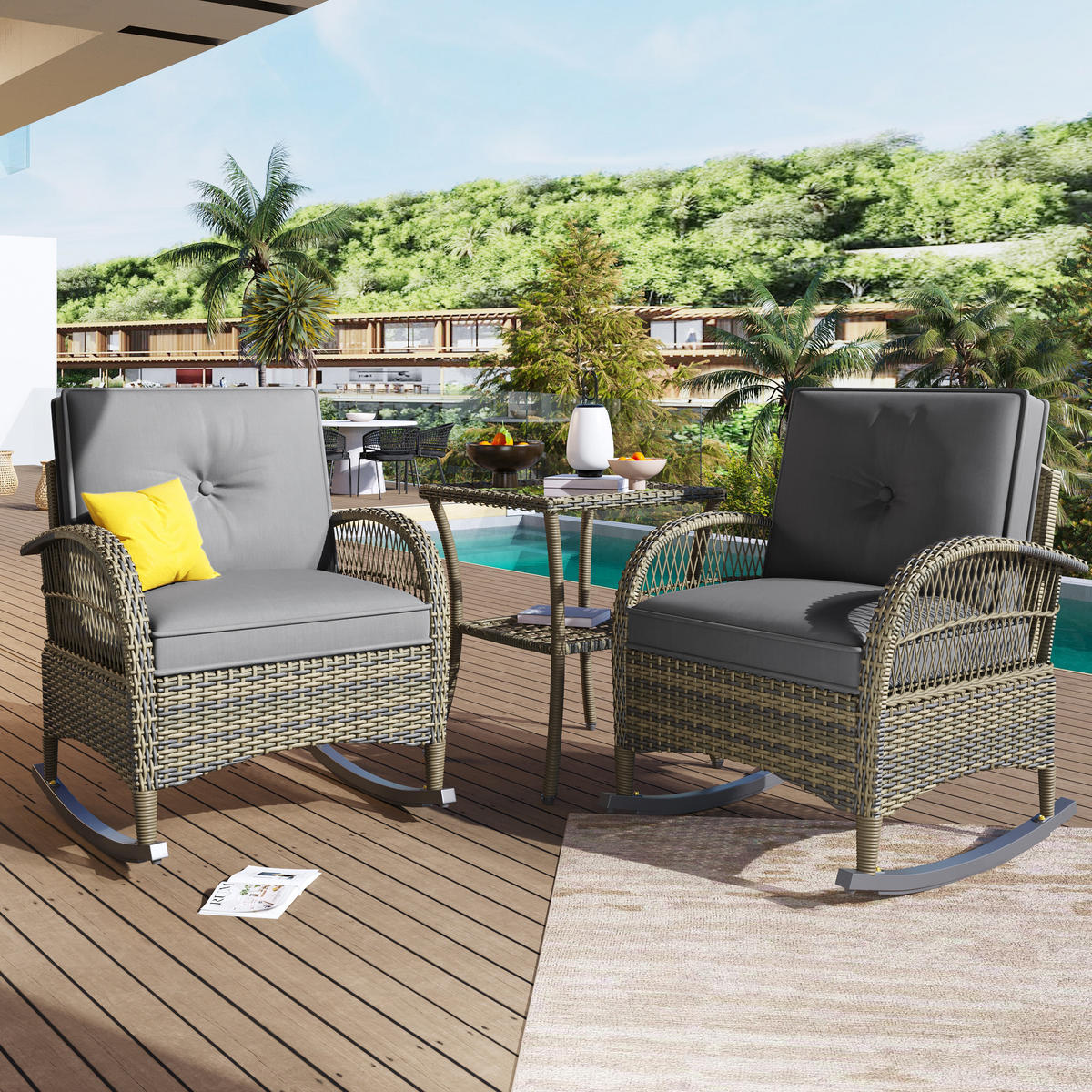 BALKONSET Rattan 3 tlg grau - Grau, Naturmaterialien - Fortuna Lai