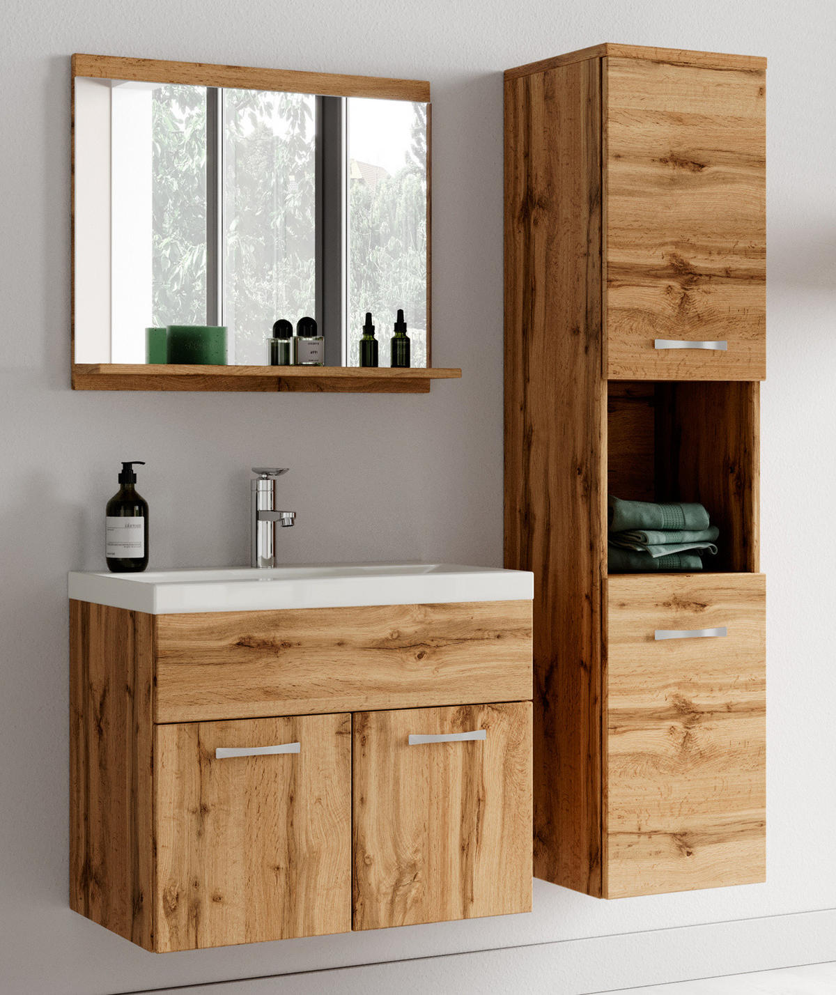 BADMÖBEL-SET Montreal 02 3 Teile Eiche - 60 x 35 x 51 cm - Chromfarben/Eichefarben, Holz/Metall (60/51/35cm) - Badplaats