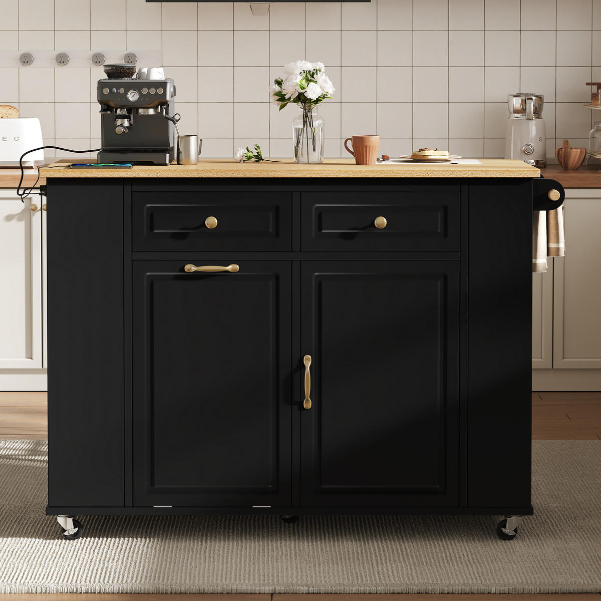 KÜCHENINSEL 120x70x91.5cm Schwarz mit Ausziehplatte & Rollen - Schwarz, Holzwerkstoff (120/91.5/70cm) - Modfu