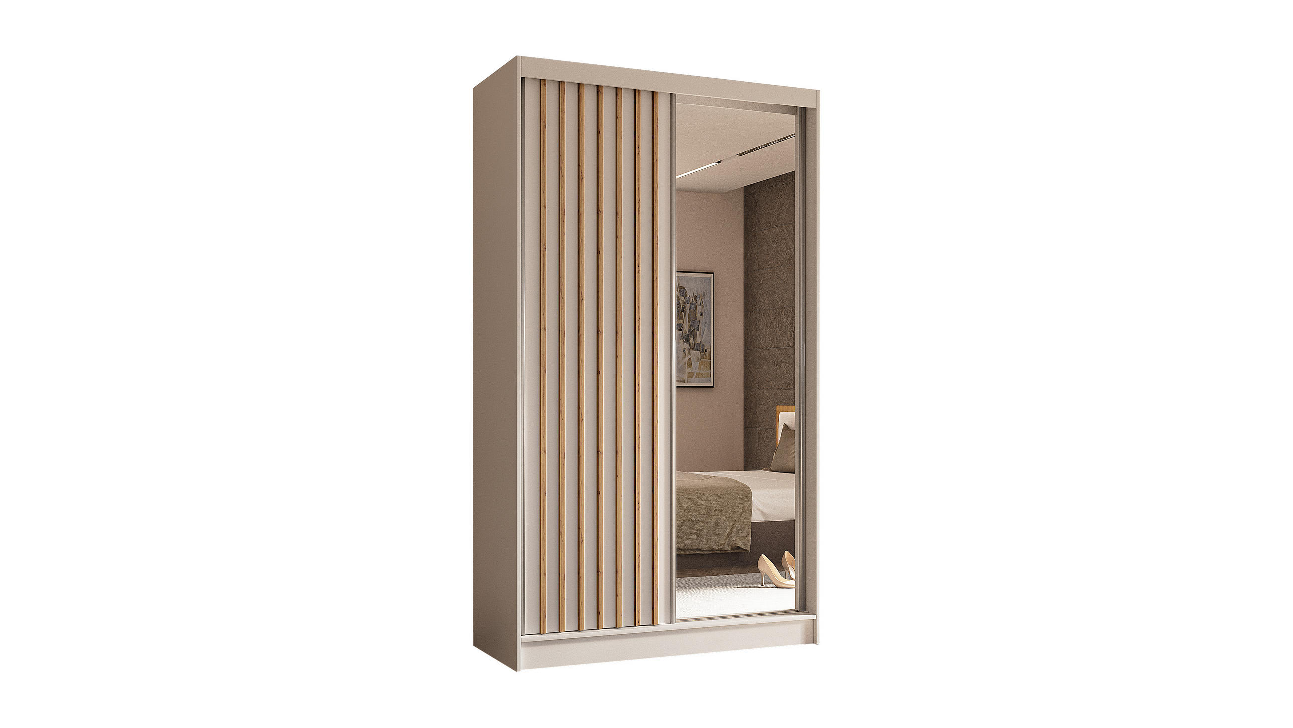 KLEIDERSCHRANK mit Spiegel-Schiebetüren und Aluminium-Leisten - LAMELO - 120 cm Weiß+Weiß+Artisan - Weiß, Holzwerkstoff (120/216/61cm) - ALTDECOR