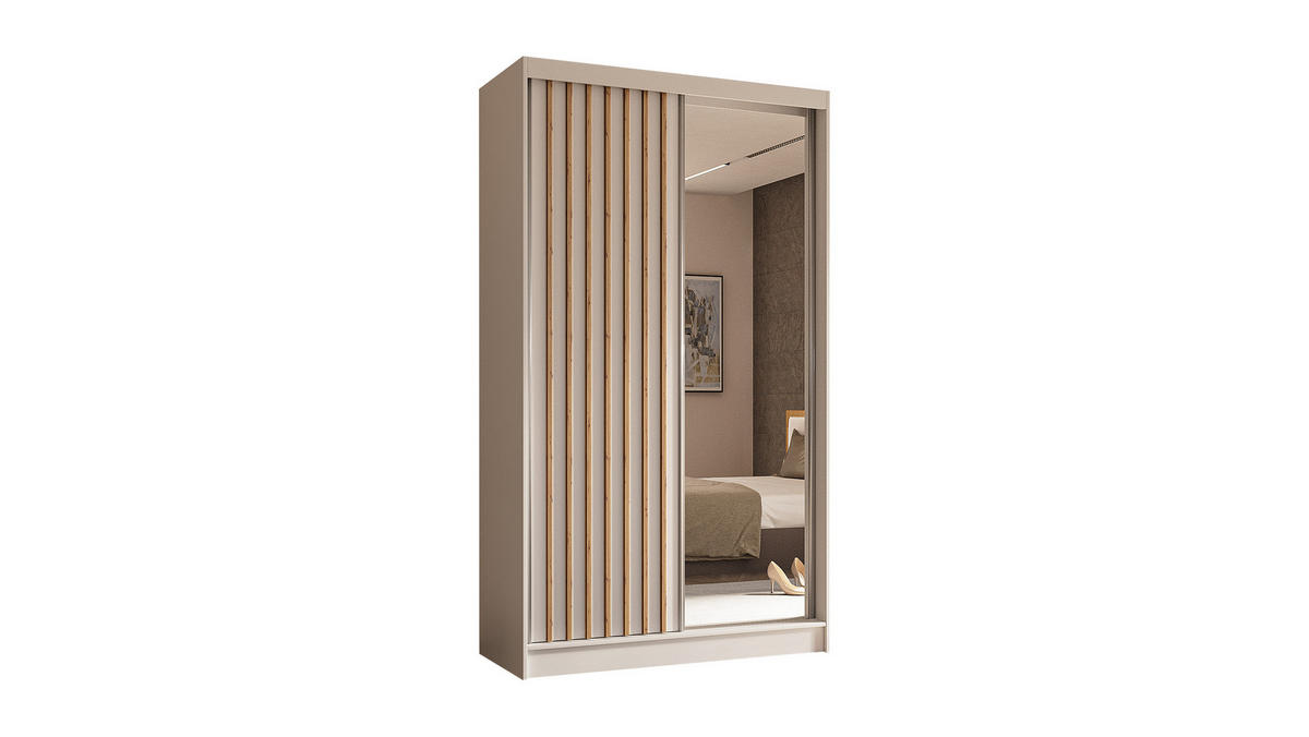KLEIDERSCHRANK mit Spiegel-Schiebetüren und Aluminium-Leisten - LAMELO - 120 cm Weiß+Weiß+Artisan - Weiß, Holzwerkstoff (120/216/61cm) - ALTDECOR