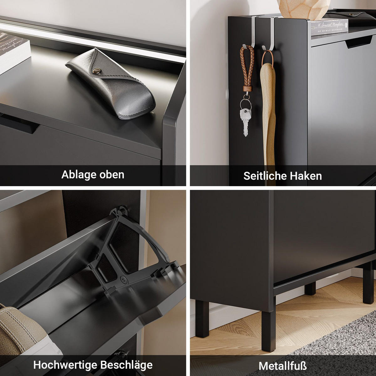 SCHUHSCHRANK mit 3 Klappen und Sensorlicht Schwarz 50x19x131cm - Schwarz, Holzwerkstoff (19/131/50cm) - SoBuy