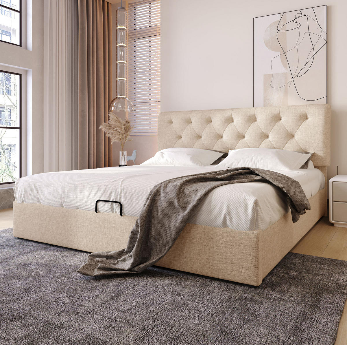 POLSTERBETT 160/200 cm Natur mit höhenverstellbarem Kopfteil und Stauraum - Naturfarben, Textil (160/200cm) - OKWISH
