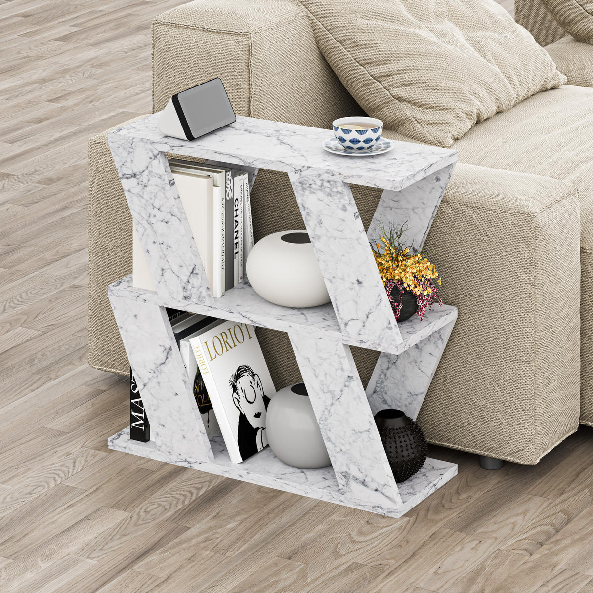 BEISTELLTISCH Lazena Weißer Marmoreffekt 60/22/55,4 cm - Hellgrau, Holzwerkstoff (22/60/55.4cm) - Decortie