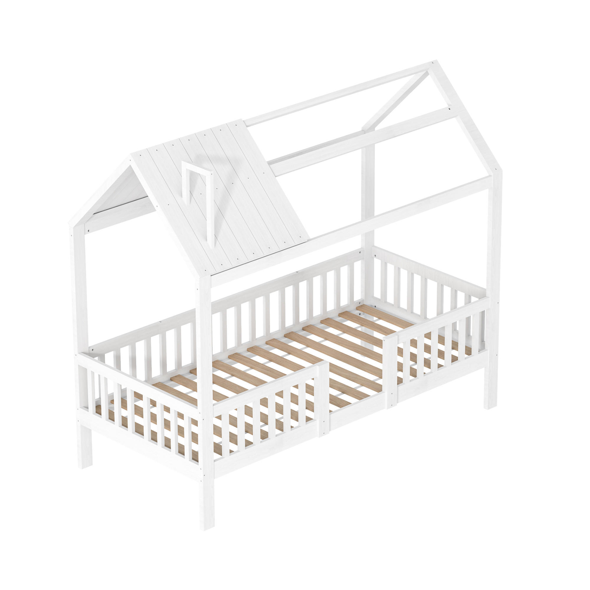 HAUSBETT 90x200 cm, mit Rausfallschutz, Schornstein & Lattenrost, Weiß - Weiß, Holz