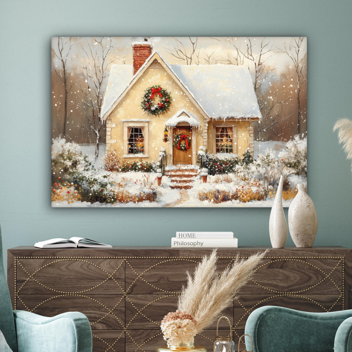 LEINWANDBILD Weihnachten - Zuhause - Winter - Schnee Wohnzimmer 120x80 cm - Creme, Textil (120/80cm) - MuchoWow