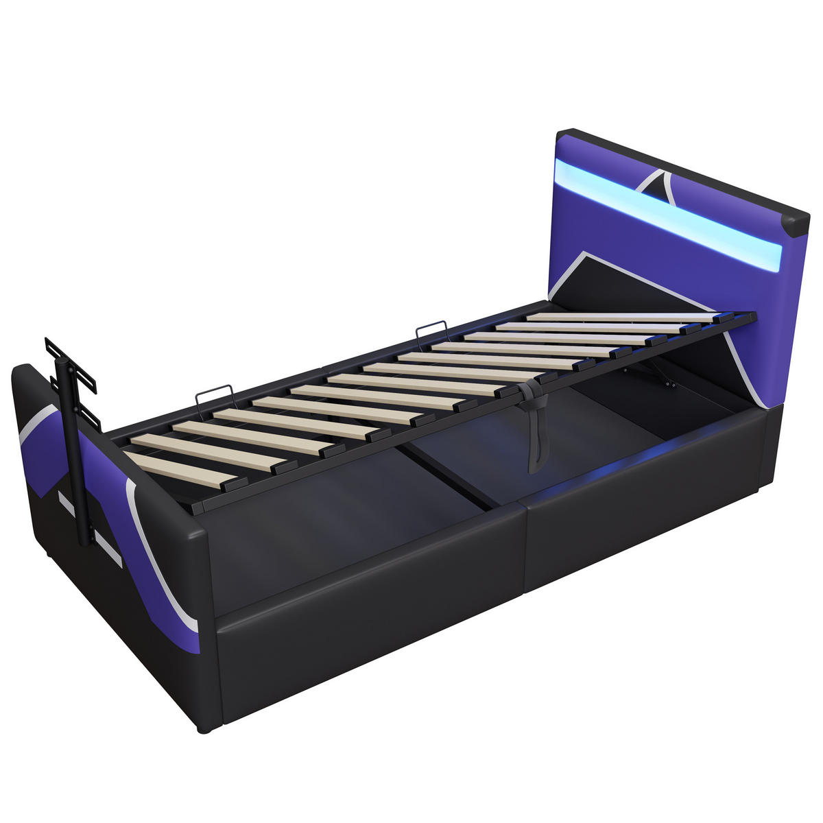 KINDERBETT 90/200 cm DE-02128, in Blau, mit LED, TV-Halterung und Hydraulik, im E-Sport-Stil - Blau, Metall (90/200cm) - ComfortXL
