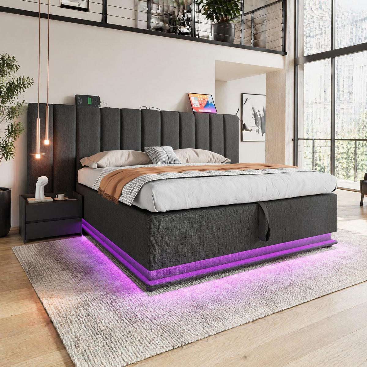 POLSTERBETT 180/200 mit Bettkasten, LED und USB-C in Grau - Grau, Holzwerkstoff/Textil (180/200cm) - EVRYAE