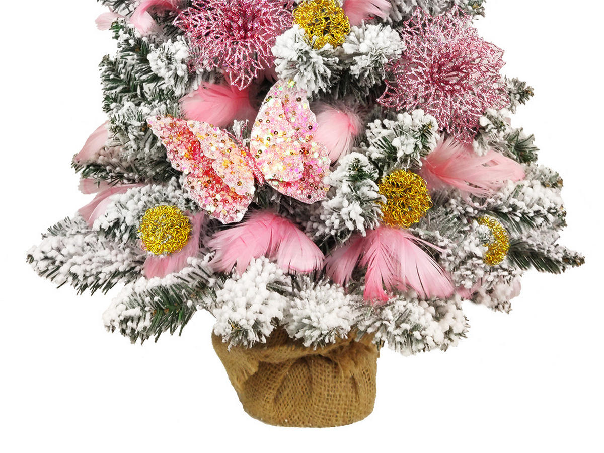 WEIHNACHTSBAUM künstlicher 60 cm mit LED-Beleuchtung, SÜSSCHEN, mit 45 Weihnachtsbaumschmuck, Pflanztopf mit Jutesack - Pink/Goldfarben, Kunststoff/Stein (40/60cm) - LAALU