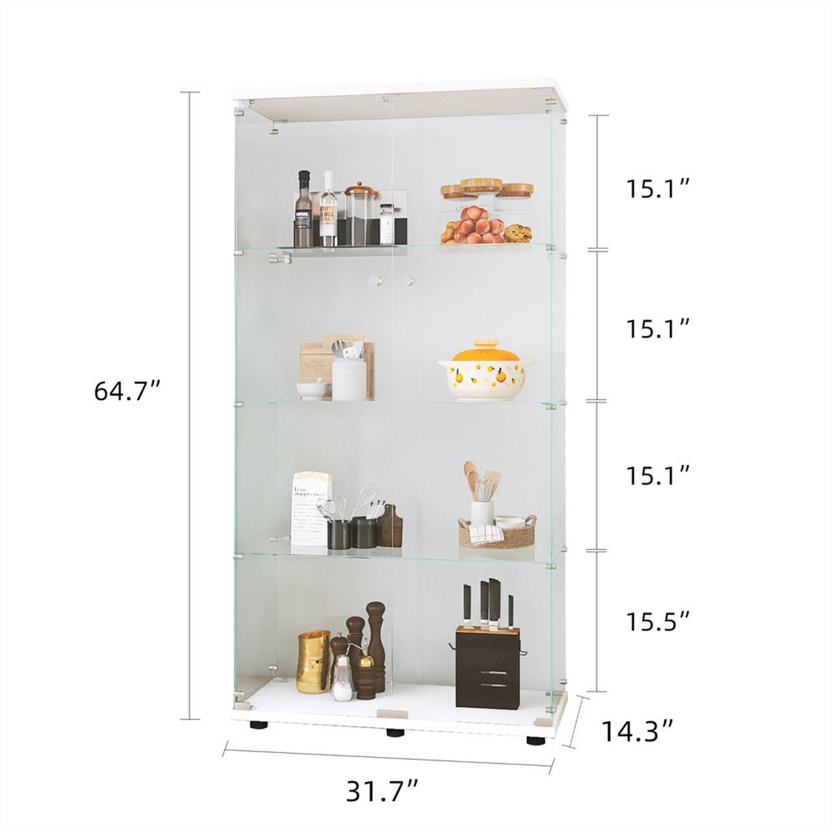 VITRINE - Glasvitrine mit 2 Türen und 4 Ebenen - abschließbar - Weiße Decken- und Bodenplatte - Weiß, Glas (80.5/164.3/36.3cm) - DELFA