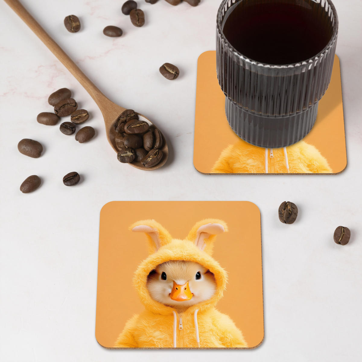 GLASUNTERSETZER 6er-Set Osterhase - Kostüm - Ente 10x10 cm - Gelb, Naturmaterialien (10/0.2cm) - MuchoWow