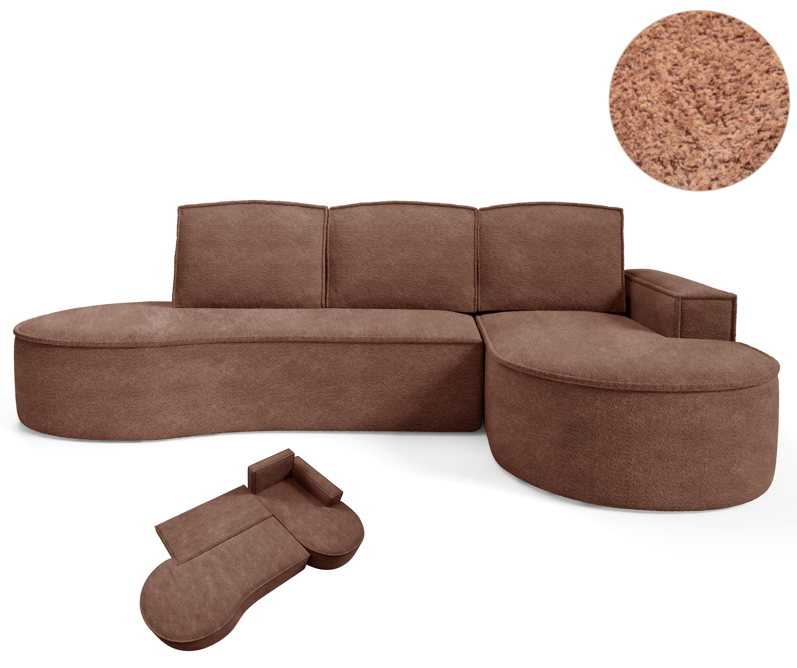 ECKSOFA MOLLY mit Schlaffunktion – Halbrund, freistehend, Liegefläche 140x207 cm, 3 Kissen, Curio-Stoff, 277x157x88 cm, Rechts, Braun - Braun, Holz/Textil (277/157cm) - DomoHome