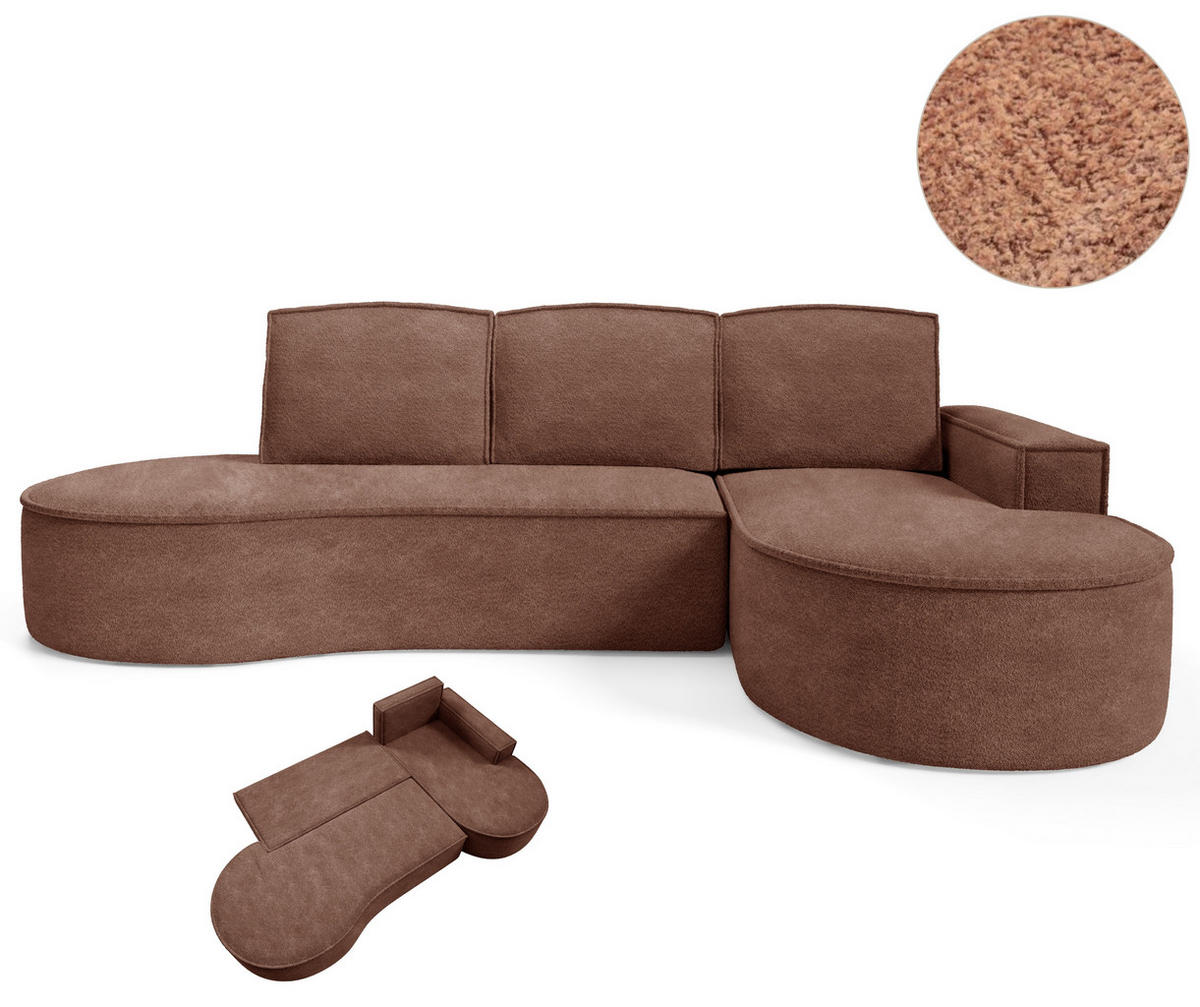 ECKSOFA MOLLY mit Schlaffunktion – Halbrund, freistehend, Liegefläche 140x207 cm, 3 Kissen, Curio-Stoff, 277x157x88 cm, Rechts, Braun - Braun, Holz/Textil (277/157cm) - DomoHome