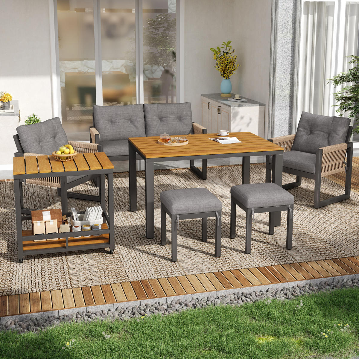 OUTDOOR SOFA SET Metall Armlehnen Kissen - Grau, Metall - LEBENLANG