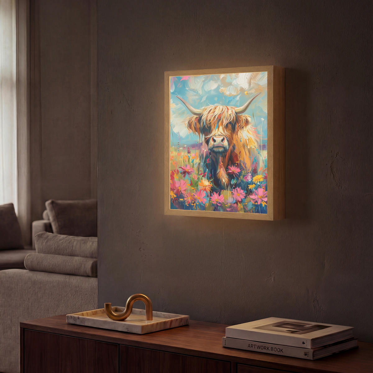 NÁSTĚNNÁ LAMPA S AKUMULÁTOREM Skotský horal - Příroda - Barevné - Květiny 30x40 cm - různobarevná, kompozitní dřevo (30/40/8cm) - OnlyWow