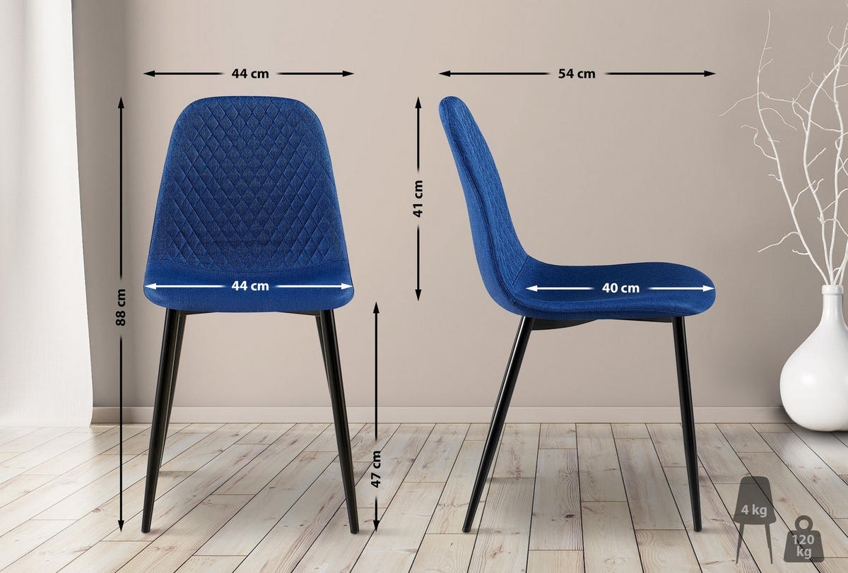 STUHL 4er Set Stoff Blau - Blau/Schwarz, Textil/Metall (44/88/54cm) - CLP