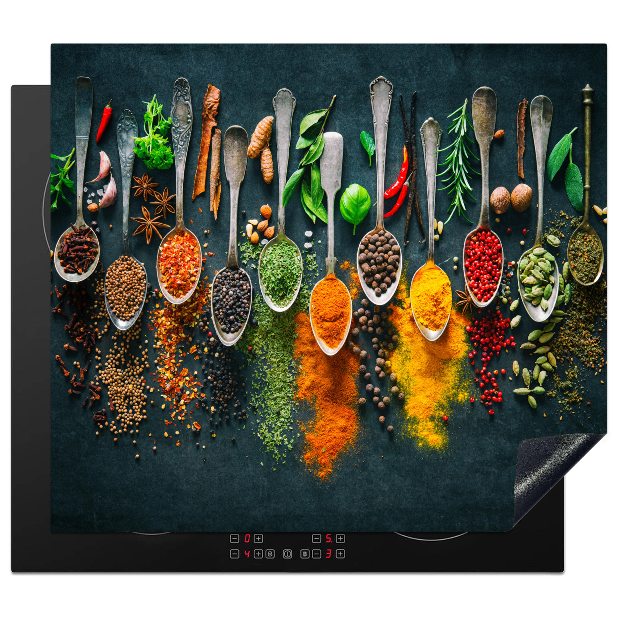 MuchoWow KRYT NA INDUKČNÍ DESKU Bylinky - koření - lžíce 57.6x51.6 cm