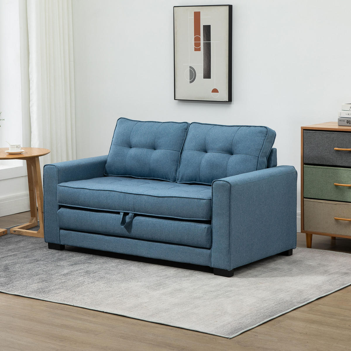SCHLAFSOFA Klappsofa 2-Sitzer Sofa mit Schlaffunktion Leinen-Touch Holz Blau - Blau/Schwarz, Holz/Textil (75/85/147.5cm) - HOMCOM