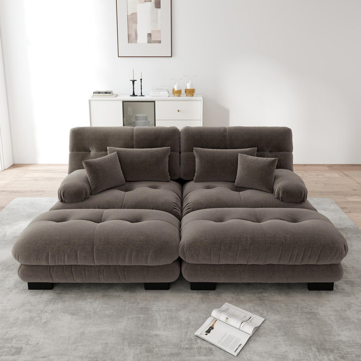 SOFA modular mit 2 Ottomans Chenille Brown - Dunkelgrau, Kunststoff (145/81/220.1cm) - Meubliv