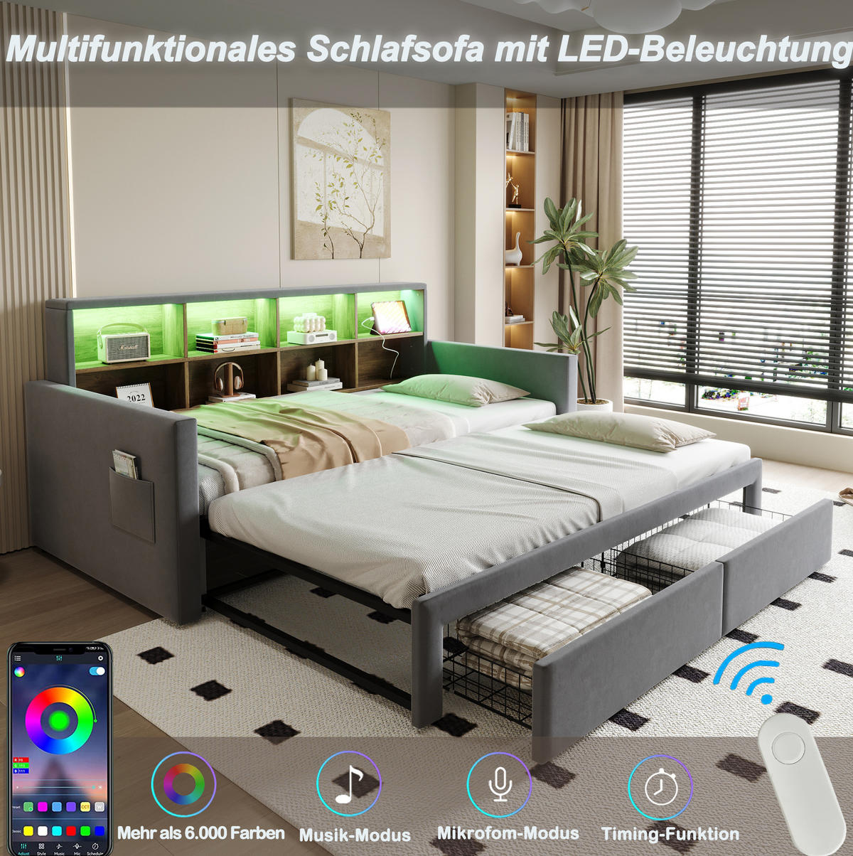 POLSTERBETT 90/190 cm aus Samt mit LED-Lichtleiste, Grau - Grau, Textil (90/190cm) - OKMYHOME