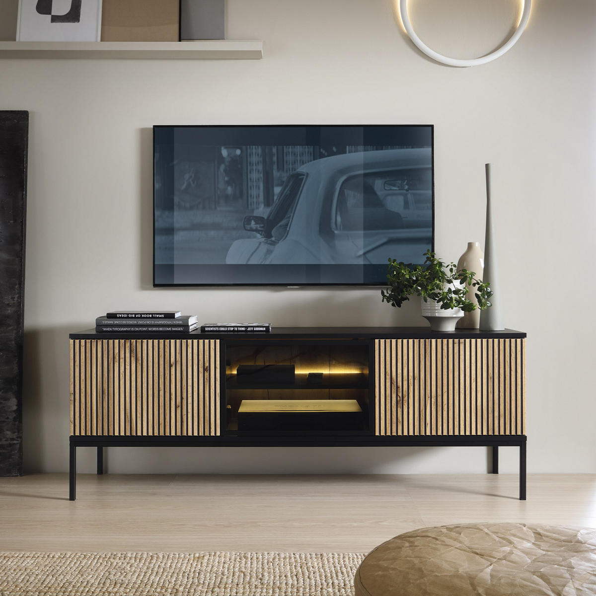 MODERNES Geriffeltes TV-Board LAGOS RTV3D (Schwarz, Eiche Wotan, LED, Metallfüße, Push to Open) - Eiche Wotan/Schwarz, Glas/Holz (154/56/39cm) - Ravio