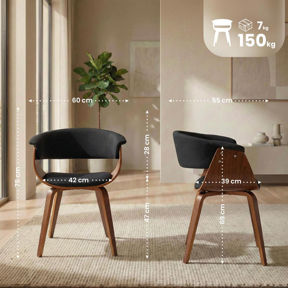 STUHL Stoff Schwarz - Walnussfarben/Schwarz, Holz/Textil (60/75/55cm) - CLP