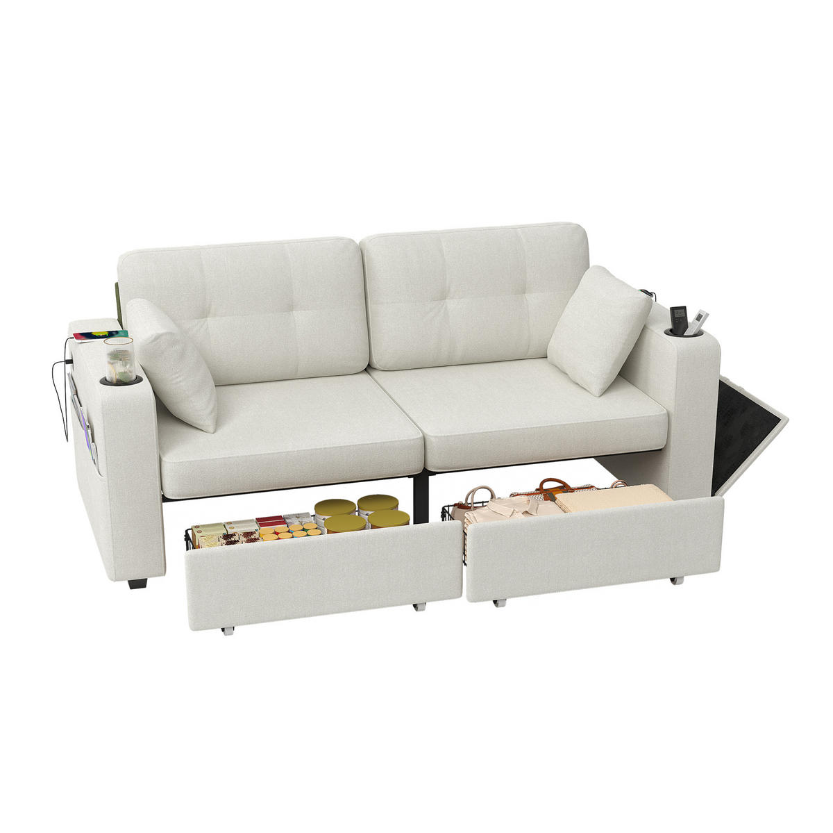 SOFA 2-Sitzer mit Stauraumschubladen USB Chenille Beige - Beige, Holzwerkstoff (172/82/75cm) - Meubliv