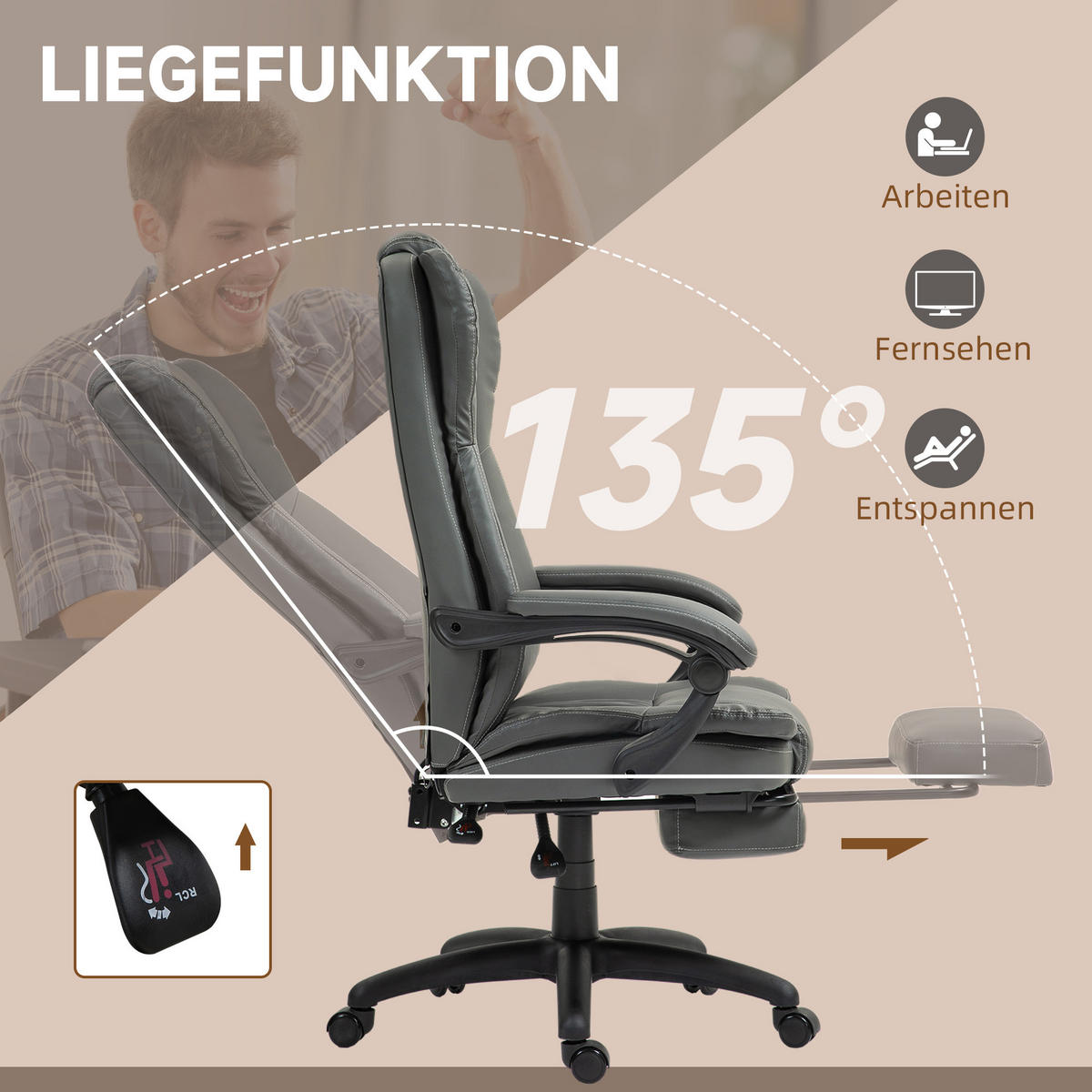 VERSTELLBARER Drehstuhl mit Fußstütze, Kopfstütze, Massagefunktion, Dunkelgrau - Dunkelgrau/Schwarz, Kunststoff (68.5/121/68.5cm) - Vinsetto