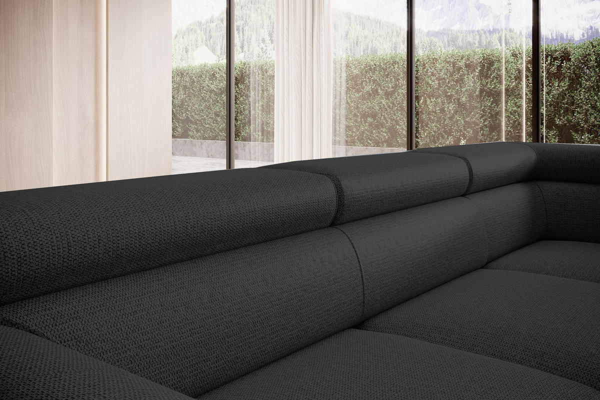 ECKSOFA RAVEN L mit Schlaffunktion und Bettkasten, Freistehend, Polstersofa mit Verstellbaren Kopfstützen, 257x198x96 cm, Linke, Schwarz - Schwarz, Holz/Textil (198/256cm) - DomoHome