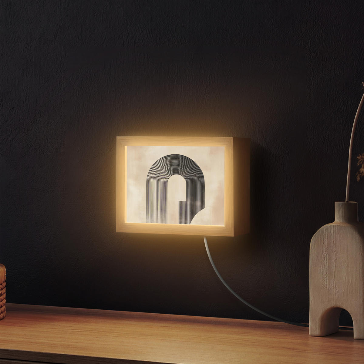 NÁSTĚNNÁ LAMPA Luk - Pruhy - Minimalistický - Černý 20x15 cm - béžová, kompozitní dřevo (20/15/8cm) - OnlyWow