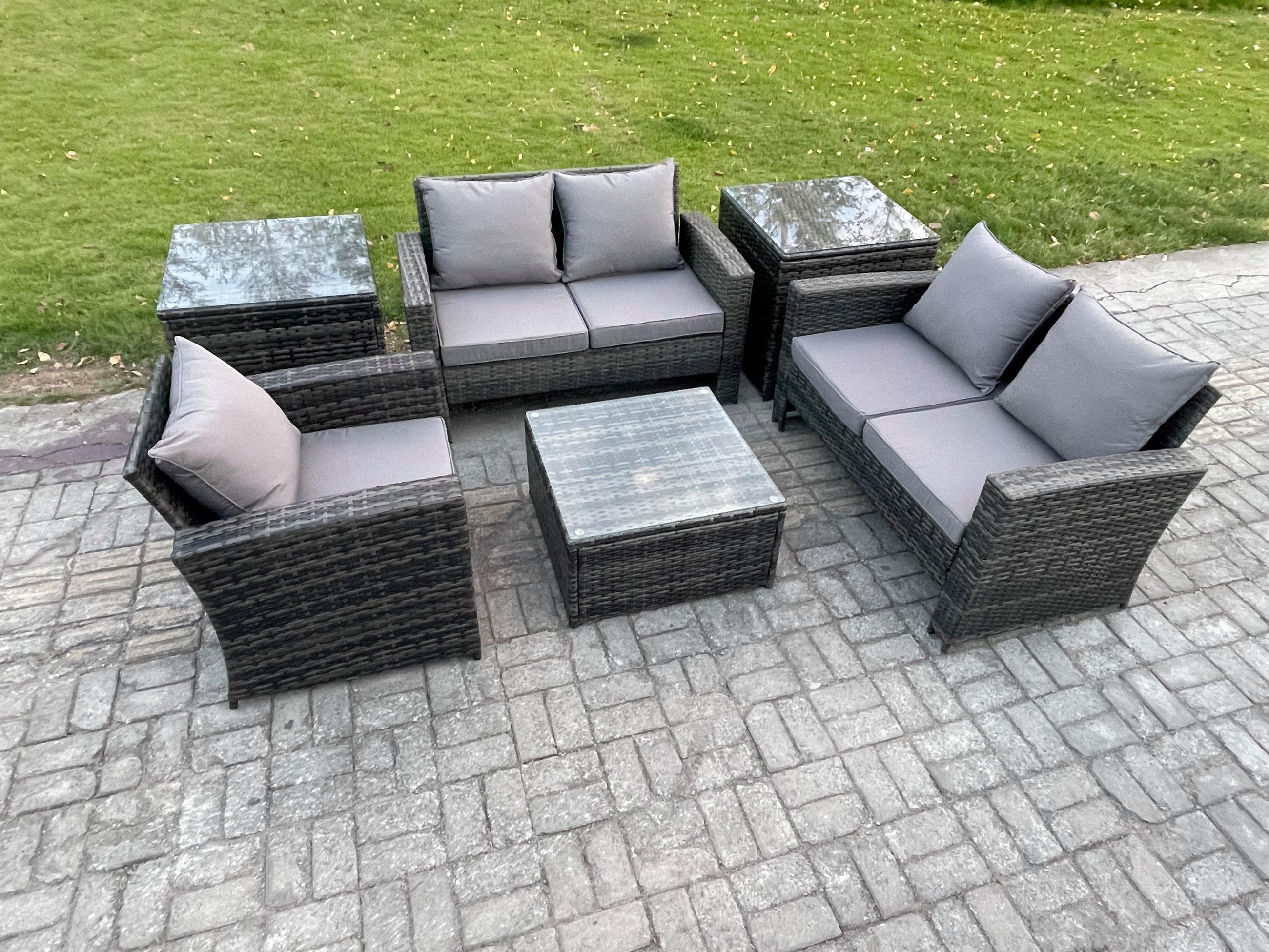 GARTENSOFA Hohe Rückenlehne Polyrattan Dunkelgrau 5-Sitzer - Dunkelgrau, Metall - Fimous