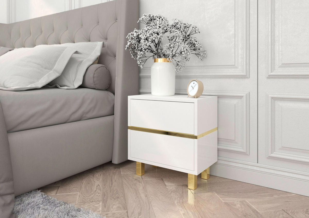 NACHTTISCH Magica, Weiß, Gold, Hochglanz - Goldfarben/Weiß, Holzwerkstoff (80.1/63/33cm) - Dancan