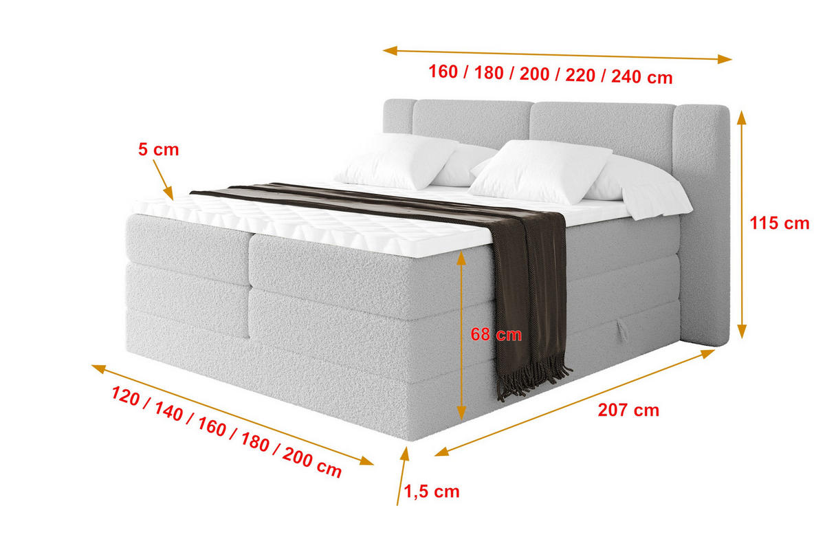 BOXSPRINGBETT mit Matratze H3/H4 - EVON KING - 140x200 cm Hellgrau - Hellgrau, Holzwerkstoff (140/200cm) - ALTDECOR