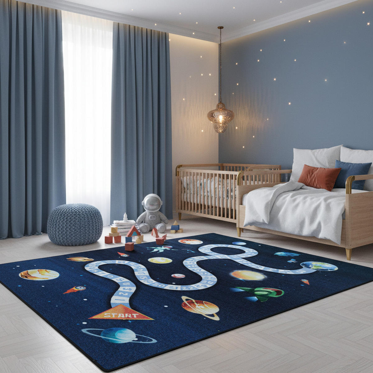 TEPPICH Kinderzimmer Weltraum Bunt Waschbar Spielzimmer Marineblau 100x150 cm – TRAUN - Blau, Textil (100/150cm) - KADIMA DESIGN